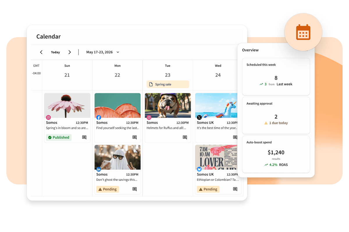 A social media scheduling calendar interface showing posts for May 17-23, 2026, with an overview panel displaying stats.