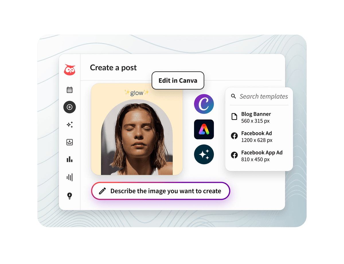 Hootsuite dashboard showing a Create a Post interface with Canva editing option, template search, and an AI image generation prompt field.